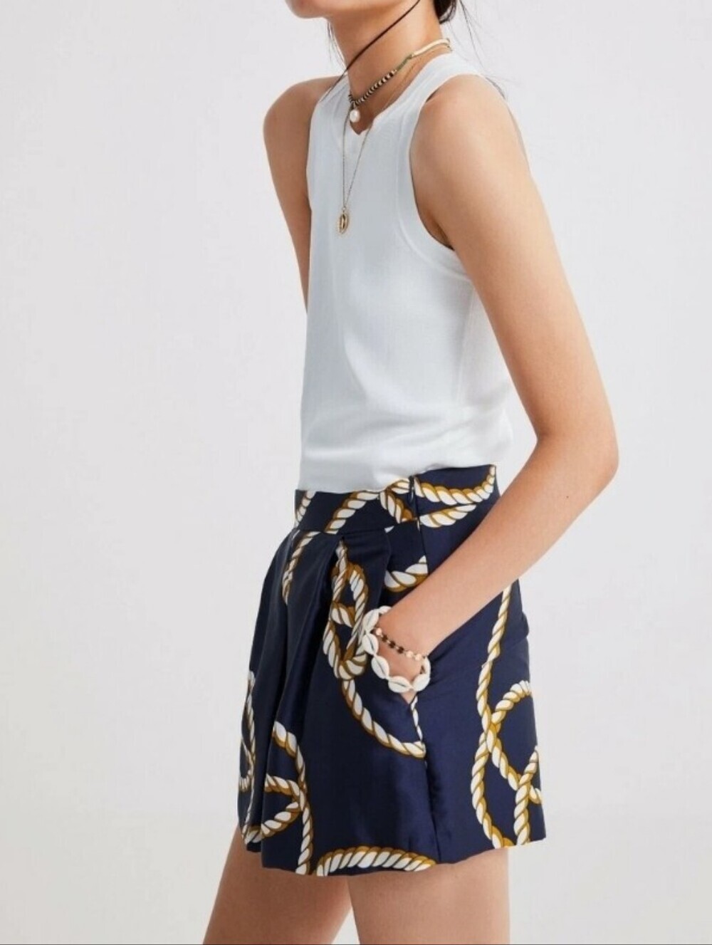 Zara Knot Print Navy Blue White High Waist Pleated Shorts Nautical Style, Sz XL - Picture 3 of 16